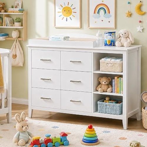 Vabches Kids Dresser Cabinet with 6 Drawers, Changing Table for Nursery