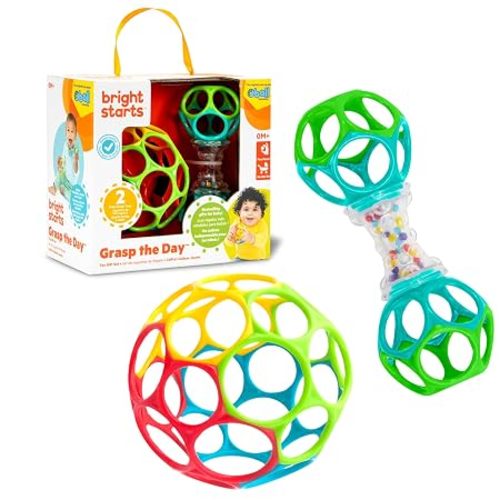Bright Starts Easy-Grasp Oball Bundle Gift Set - Grasp The Day, Ball and Rattle Toys 2-Pack, BPA Free, Unisex, Newborn+