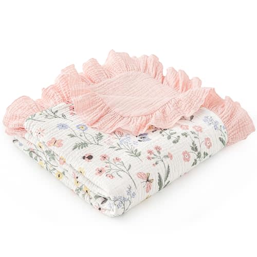 david's kids Flounce Muslin Baby Blanket for Girls Boys, 100% Cotton Soft Crib Swaddle Blankets, Reversible & Breathable Nursery Bedding for Newborns Toddlers, 47 x 47 Inches (Garden)