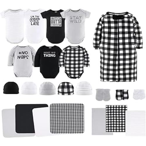 The Peanutshell Baby Layette Gift Set for Baby Girls - 23 Piece New Born Girl Gift Set, Clothes & Newborn Essentials Must Haves - Girl Clothes 0-3 Months - Black & White