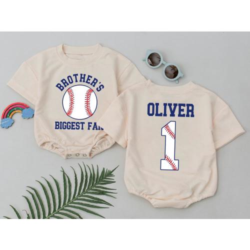 Personalized Brother Biggest Fan Baseball Baby Romper, Baby Boy Clothes, Game Day Outfit