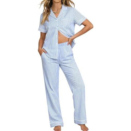 SWOMOG 100% Cotton Pajamas for Women Set 2PCS Button-Down Lounge Pjs Short Sleeve Tops and Long-Pants with Pocket