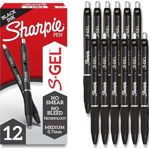 Sharpie S-Gel Gel Pens, Black Barrel, Medium Point (0.7mm), Black Gel Ink, 12 Count - Home, Office, School, Journaling, Writing, Note-Taking, Teacher Supplies