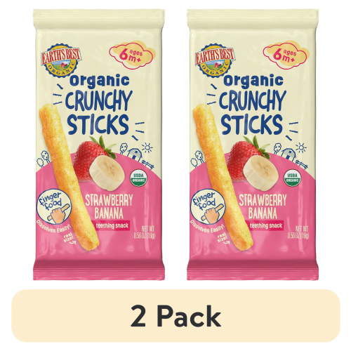 (2 pack) Earth's Best Organic Teething Crunchy Sticks Strawberry Banana Puffed Baby Snack, 0.56 oz Bag