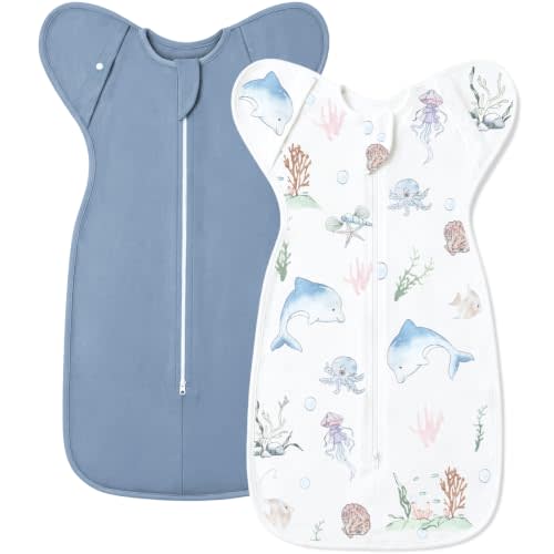 ANYEDDE 2-Pack Arms Up Swaddle 0-3 Months, Newborn Swaddle for Baby Boys | Swaddles for Newborn, Cuff Removable & 2-Way Zipper, Blue Breathable Cotton Swaddle Sleep Sack, Nursery Swaddling Blankets