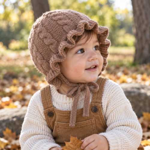 Vintage-Inspired Ruffle Baby Bonnet, Soft Cotton Cable Knit Hat with Chin Ties, Photo Outfit Gift for Ages 6–36 Months