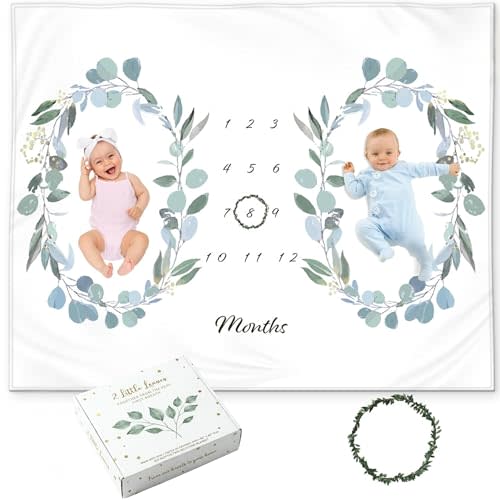 Twins Baby Monthly Milestone Blanket – Soft Fleece Month Blanket – Eucalyptus Leaves Design – Gender Neutral for Twin Boys or Girls, Baby Shower Nursery Decor, Twin Baby Essentials, 60x40