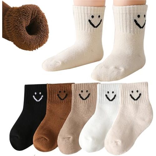 Baby Boys Girls Cute Smiley Face Ankle Toddler Terry Thick Winter Crew Socks Kids, 5 Pairs
