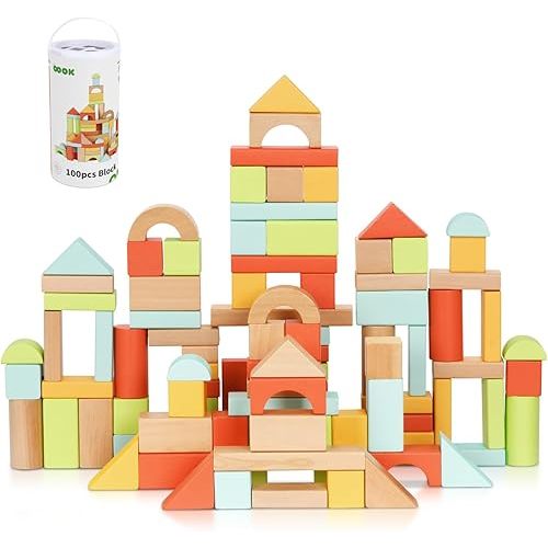 100pcs Building Blocks for Toddlers 1-3, Wooden Blocks for Kids with Storage Bucket and Shape Sorter Lid, Montessori Toys for 1 2 3 Year Old, Learning Toys for Preschool Girls and Boys