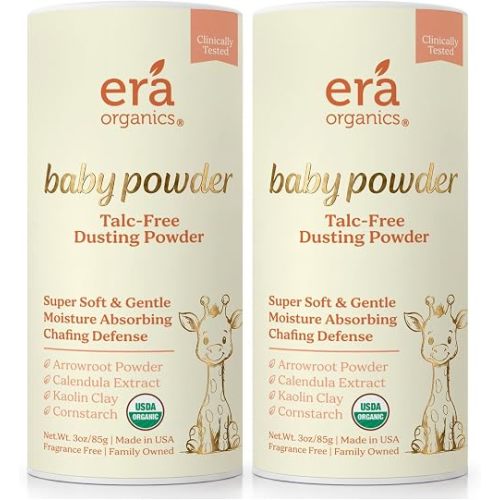 Era Organics Polvo para bebé orgánico sin talco - Polvo de aseo orgánico USDA con arruruz, caléndula y almidón de maíz para recién nacidos, bebés o niños pequeños - Calmante, sin fragancia (85g/3oz
