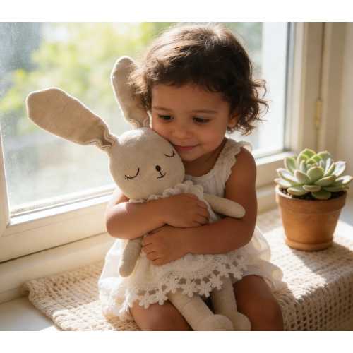 Handmade Linen Bunny Plush, Soft Stuffed Rabbit with Lace Dress, Baby Gift & Nursery Decor