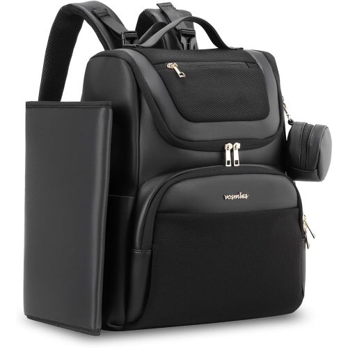 Large Leather Diaper Bag Backpack, Baby Travel Bag with Changing Pad, Insulated Pockets, Stroller Straps and Pacifier Case, Water-Resistant Diaper Bag for Mom and Dad, Black