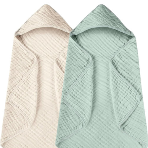 Yoofoss Hooded Baby Towels for Newborn 2 Pack 100% Muslin Organic Cotton Baby Bath Towel with Hood for Babies, Infant, Toddler and Kids, 32x32Inch, Soft and Absorbent Newborn Essential,Apricot&Green