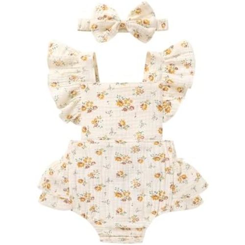 Baby Girl Clothes Toddler Summer Linen Romper Sleeveless Ruffle Outfits Infant Girls Jumpsuit with Headband