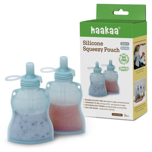 Haakaa Yummy Pouch 2 Pack – Silicone Reusable Baby Food Pouches for Feeding - Mist Blue