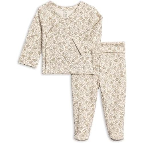 Colored Organics - Newborn Kimono Wrap Top and Footed Pant Set - Organic Cotton Infant Layette Clothing Set