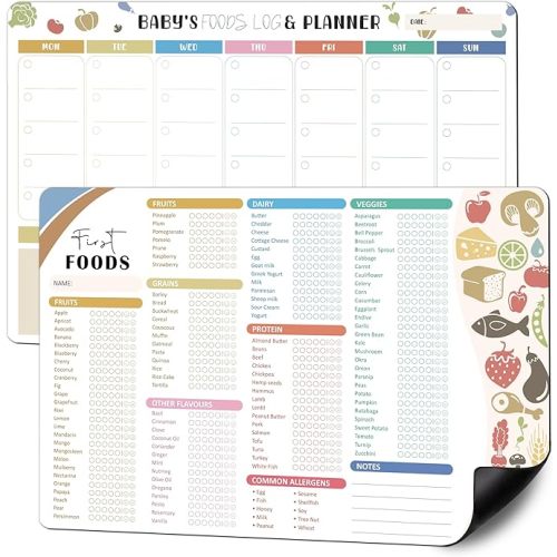 BIROYAL 2 Pcs Baby First Foods Tracker Fridge Magnet, Led Weaning Supplies, 101 Foods Checklist Before One & Daily Food Log, Baby Feeding Essentials: Track New Tastes & Plan Meals Your Baby Loves