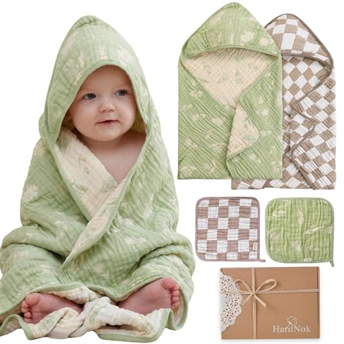 HardNok Muslin Baby Towel Set, 4-Piece Newborn Gift with 2 Bath & 2 Washcloths, Baby Shower Ready, Earthy Botanicals Theme 32" X 32"