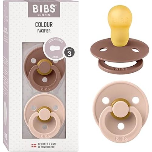 BIBS Colour Soother 2-Pack, BPA Free Soothie Pacifier, Round Nipple. Natural Rubber Latex, Size 3 (18+ Months), Woodchuck/Blush