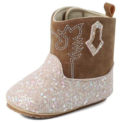 ESTAMICO Baby Girls Embroidery Western Cowgirl Boots Infant Sequin Leather Cowboy Booties Round Toe Ankle High Hook and Loop Shoes