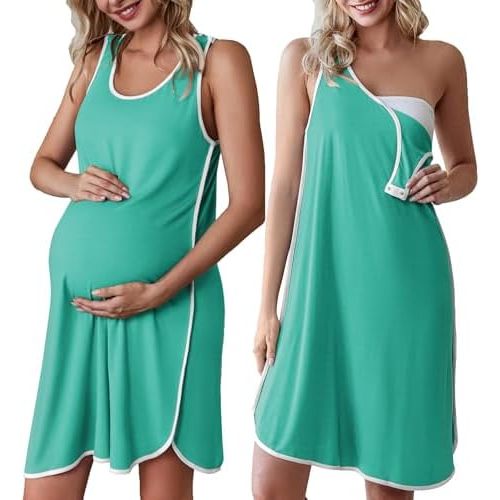 Ekouaer Labor and Delivery Gown for Hospital 3 in 1 Nursing Dress Sleeveless Maternity Snap Button Breastfeeding Nightgown