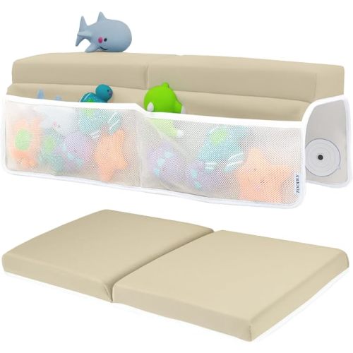 Comfortable Baby Bath Kneeler and Elbow Rest Pad Set - 1.5 Inch, Beige | Memory foam core, bathtub kneeling pad for bathing infants to toddlers, knee mat, toy organizer, machine washable