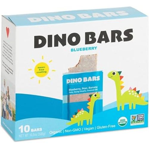 Dino Bars | Organic Fruit Bar for Kids | Organic Toddler Bars and Dinosaur Snacks | Fruit + Oats + Hemp Hearts with Edible Paper | Blueberry Kids Bar | 10 Pack