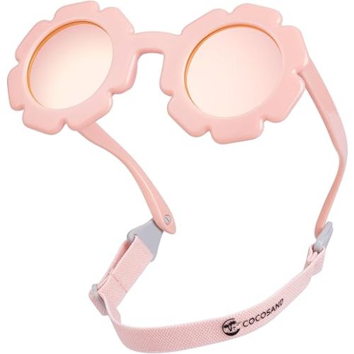 COCOSAND Toddler Sunglasses with Strap Polarized Lens Retro Flexible Flower Frame for Baby Kids Boys Girls Age 3-24 Months