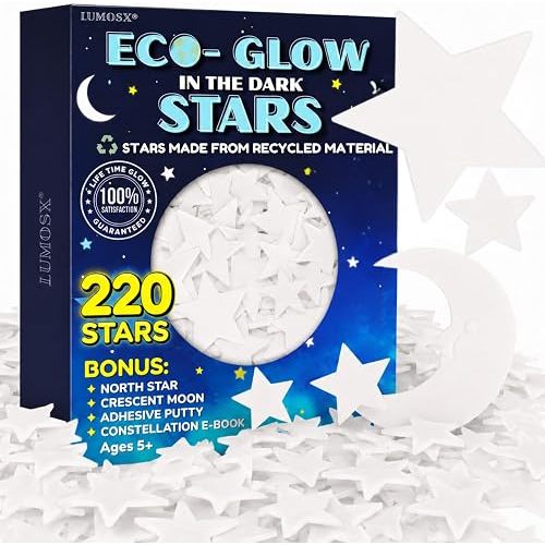 LUMOSX Glow in the Dark Stars for Ceiling, 220 Pcs with Moon and North Star