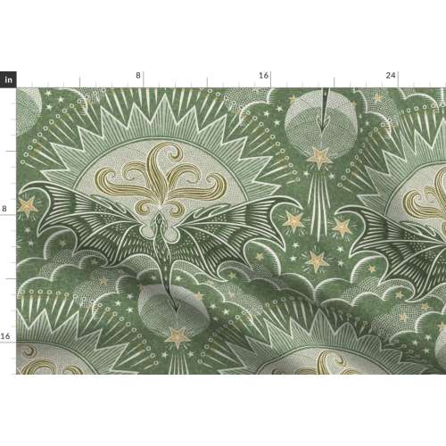 Magical Fantasy Fabric - Flying Dragon by patricia_lima - Celestial Dragon Whimsical Adventure Green Stars Fabric by the Yard by Spoonflower