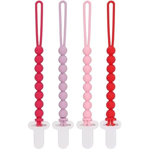 4-Pack Silicone Pacifier Clips with One-Piece Beads for Baby Boys and Girls - Flexible and Rust-Free Holders for Teething Relief and Baby Essentials, Safe for Newborns (Pink)