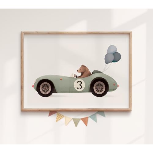 Sage Green Racing Car Nursery Print: Woodland animals art, Whimsical Bear, Kids Room Decor