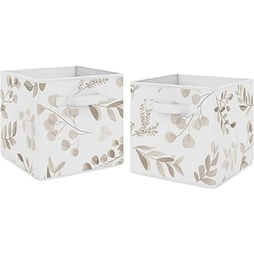 Sweet Jojo Designs Floral Leaf Foldable Fabric Storage Cube Bins Boxes Organizer Toys Kid Baby Children - Set of 2 - Ivory Cream Beige Taupe Gender Neutral Boho Watercolor Botanical Flower Woodland