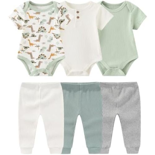 Ruliby Baby Bodysuit and Pant Set 6-pcs Ribbed Soft Infant Boy Girl Clothes
