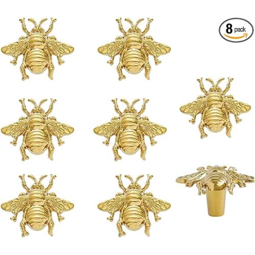8 pcs Bee Shape Cabinet Knob,Golden Cupboard Handles for Dresser Drawer Wardrobe Bathroom Furniture Door Decorative Pulls,with Screw (Golden)