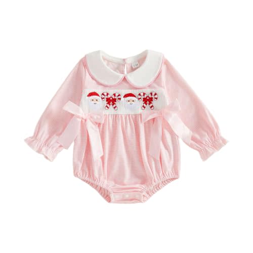Newborn Baby Girl Outfit Christmas Santa Long Sleeve Collard Bubble Romper | Santa Claus and candy embroidery, Peter pan collar, Striped bodysuit, Fall winter Clothes for girls 0-18 months.