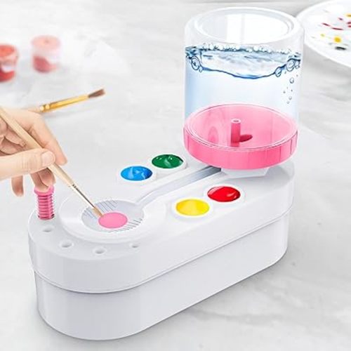 2025 Upgraded Paint Brush Cleaner for Artists, Kids Painting Station with Brush Washer, Portable Paint Station & Rinsing Tool, Art Supplies Cleaning System for Children Adults (White-Pink)