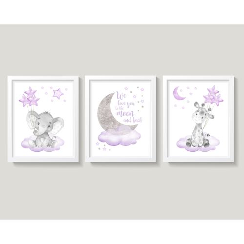 Elephant Giraffe Nursery Wall Decor, Baby Girl Nursery Art, Purple and Gray Nursery Decor, Clouds Stars, We Love You To The Moon And Back