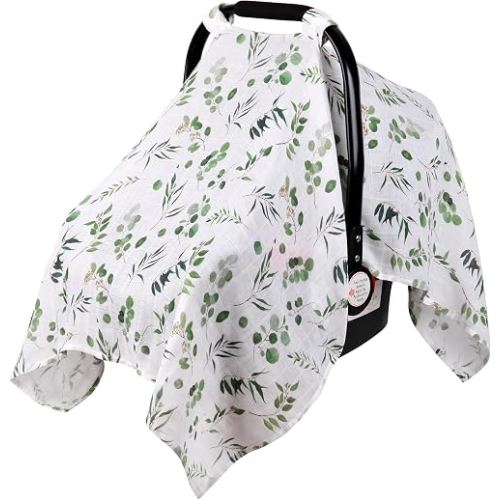 Rquite Car Seat Cover Baby for Boys Girls, 100% Muslin Cotton Infant Carseat Canopy, Soft Breathable Stroller Sun Shade & Newborn Shower Gift, Large Size Universal Fit Summer, Hot & Warm Weather