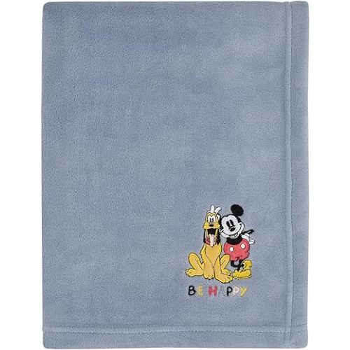 Disney Mickey and Friends Blue, Gold and Red Pluto and Mickey Mouse Be Happy Super Soft Appliqued Baby Blanket