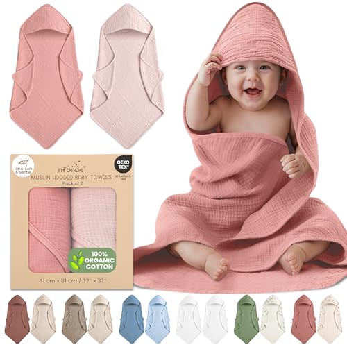 100% Organic Cotton Muslin Baby Hooded Towels 32x32 Inch – 2 Pack Soft & Absorbent Baby Towels for Newborn for Boys & Girls, Premium Hooded Towels, Ultra-Gentle Baby Essentials in Rose/Peach