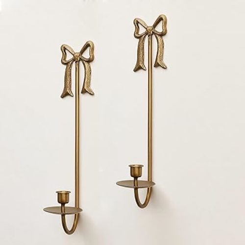 Metal Wall Candle Sconce Holders, Set of 2, Gold, Modern Bow Design, Wall Mount Taper Candle Holders for Living Room, Farmhouse, Wedding Decor