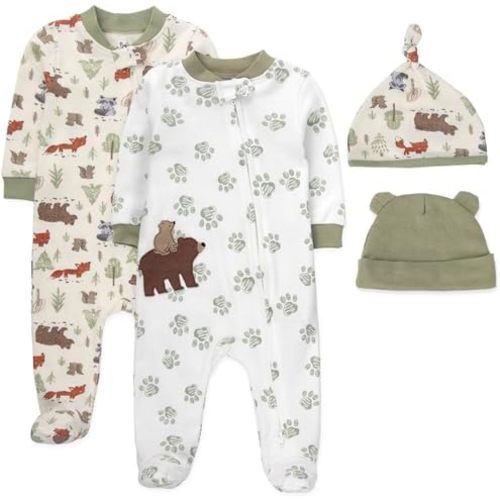 Baby Essentials Baby Boy 4 Piece Outfit Set – Romper Footies Sleep & Play and Hat Set – All Season Baby Clothes Gift Set