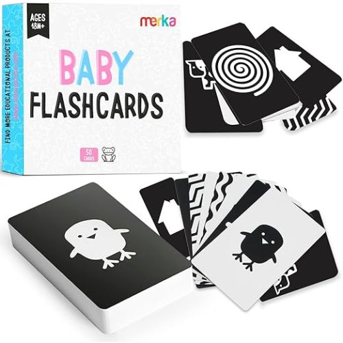Merka Newborn Toys & Sensory Flash Cards for Babies - High Contrast Baby Cards - 50-Pack Paper, 2.4 in x 4.2 in, Black & White - Visual Stimulation & Brain Development for 0-3 Months