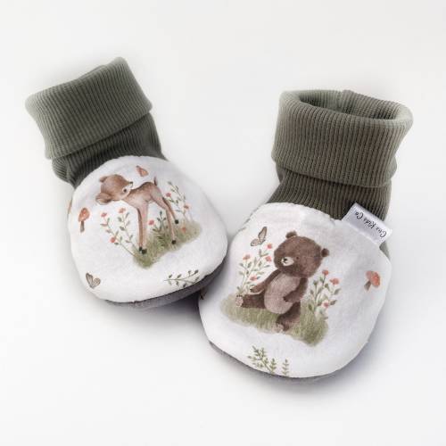 Woodland Critter Baby Booties: Fawn, Bear, Fox Print Soft Sole Shoes