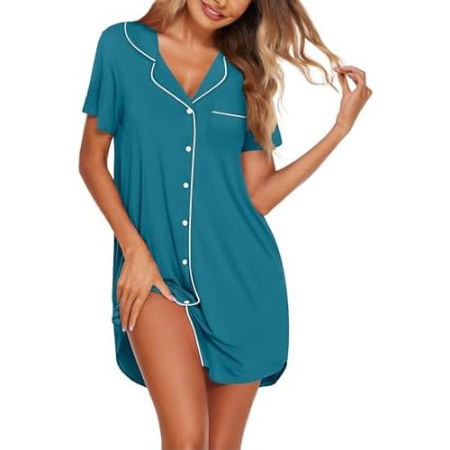 Ekouaer Womens Nightgown Button Down Night Gowns Short Sleeve Sleepshirt V Neck Nightshirt Soft Sleepwear S-XXL