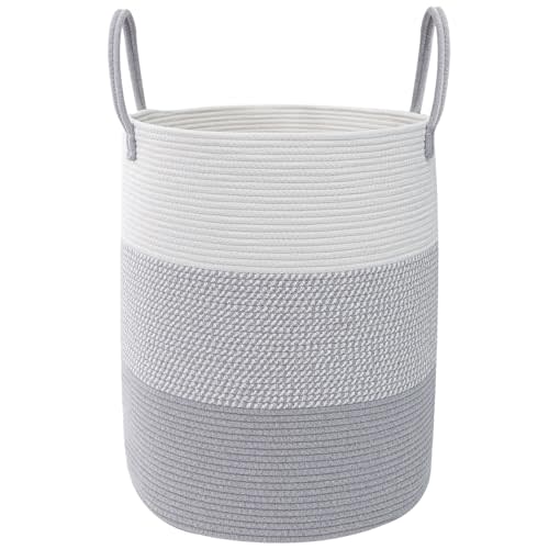 55L Woven Laundry Basket, Large Clothes Hamper with Handles- Grey | Cotton Rope Tall Nursery Hamper, Storage Basket for Blankets Toys Clothes, Blanket Basket for Living Room Bathroom Bedroom