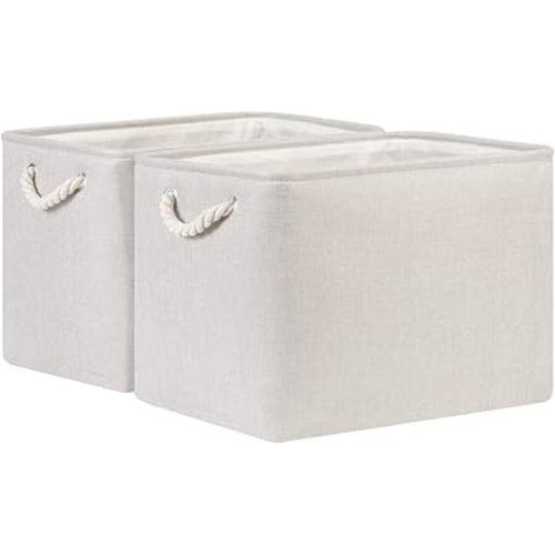 Bidtakay Large Fabric Storage Bins Beige Linen Closet Organizers Set of 2 Baskets for Shelves Clothes Bedroom 16x11.8x11.8 Inch Foldable Organization Baskets for Towels Blankets Storage Dog Toys