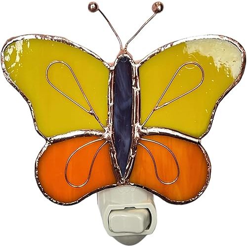Yellow & Orange Butterfly Plug in Night Light, Stained Glass Nightlight with On/Off Switch, Comes with One 4 Watt Replaceable Incandescent Night Light Bulb