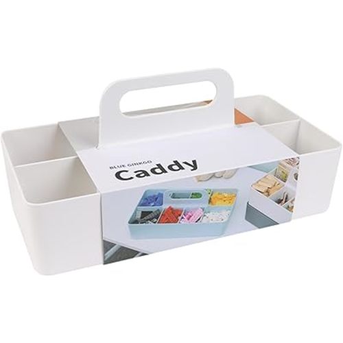 BLUE GINKGO Stackable Organizer Caddy – Korean-Made Portable Tote for Bathroom, Office, Crafts, or School Supplies (Long Rectangle, White)
